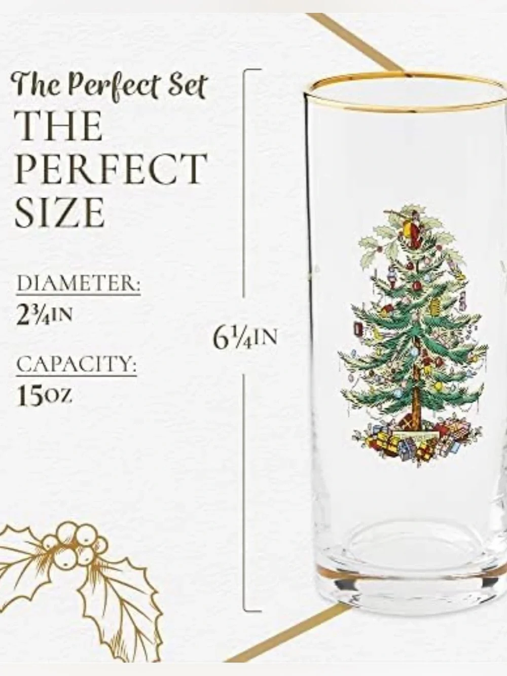 Set of 8 Spode Christmas Tree 22K Gold Rimmed 15oz Highball Glasses New in Box